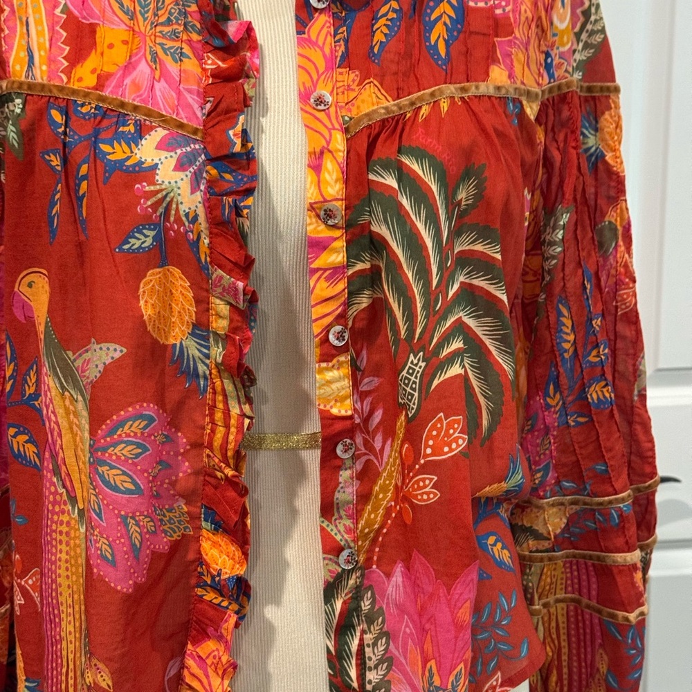 FARM Rio Red Pink Orange Floral Ruffled Button-Front Blouse - Picture 6 of 11